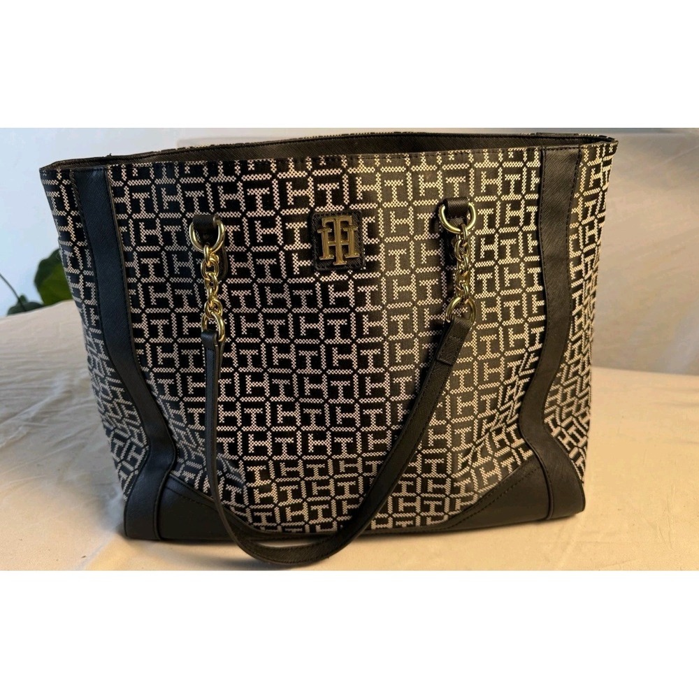Tommy Hilfiger Monogram Black Medium Size Tote Shoulder Bag Purse